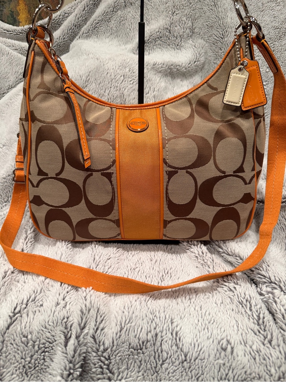 COACH Signature Stripe Convertible Hobo Bag Khaki Orange F21873 - Picture 4 of 13